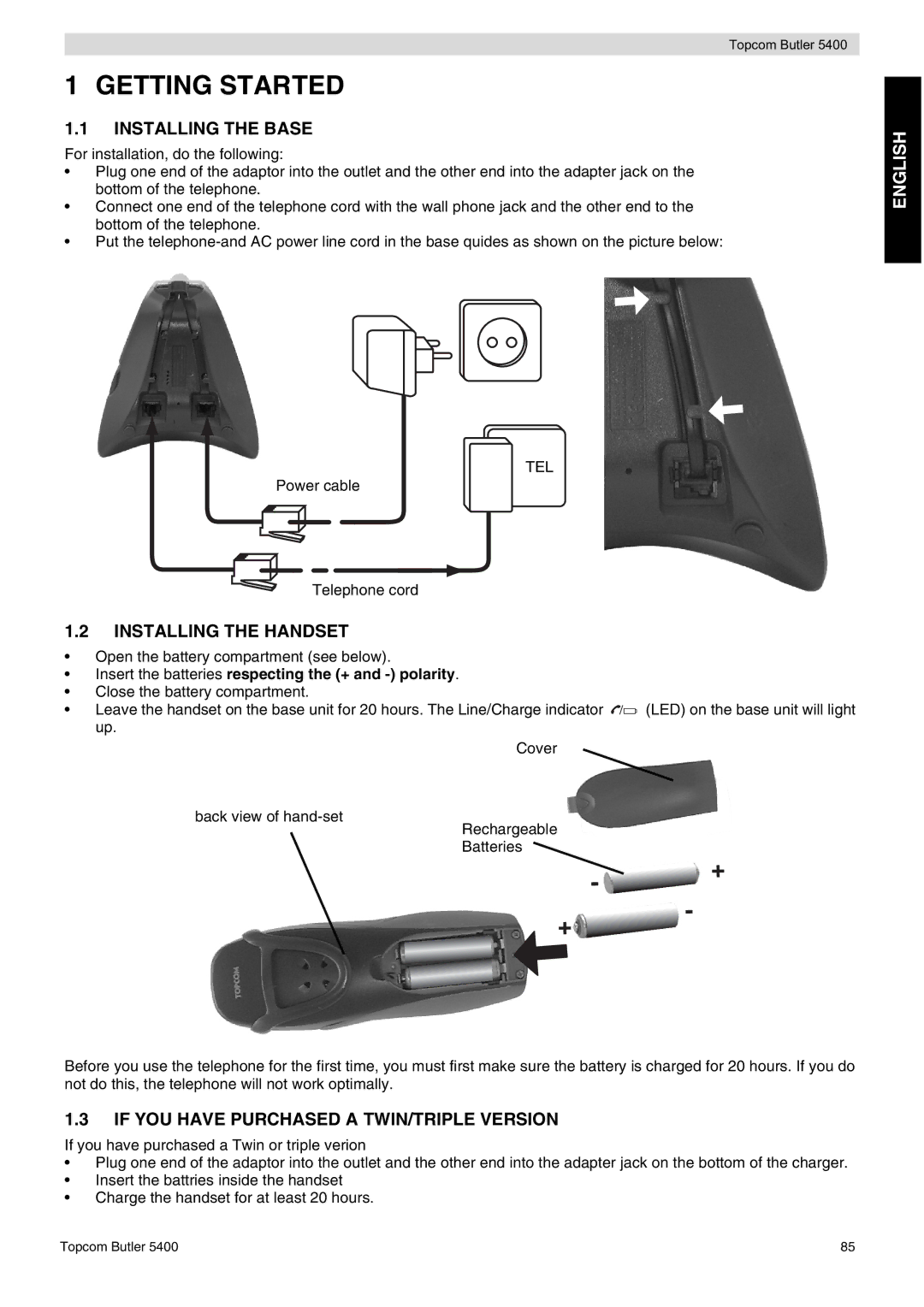 Topcom 5400 Getting Started, Installing the Base, Installing the Handset, If YOU have Purchased a TWIN/TRIPLE Version 