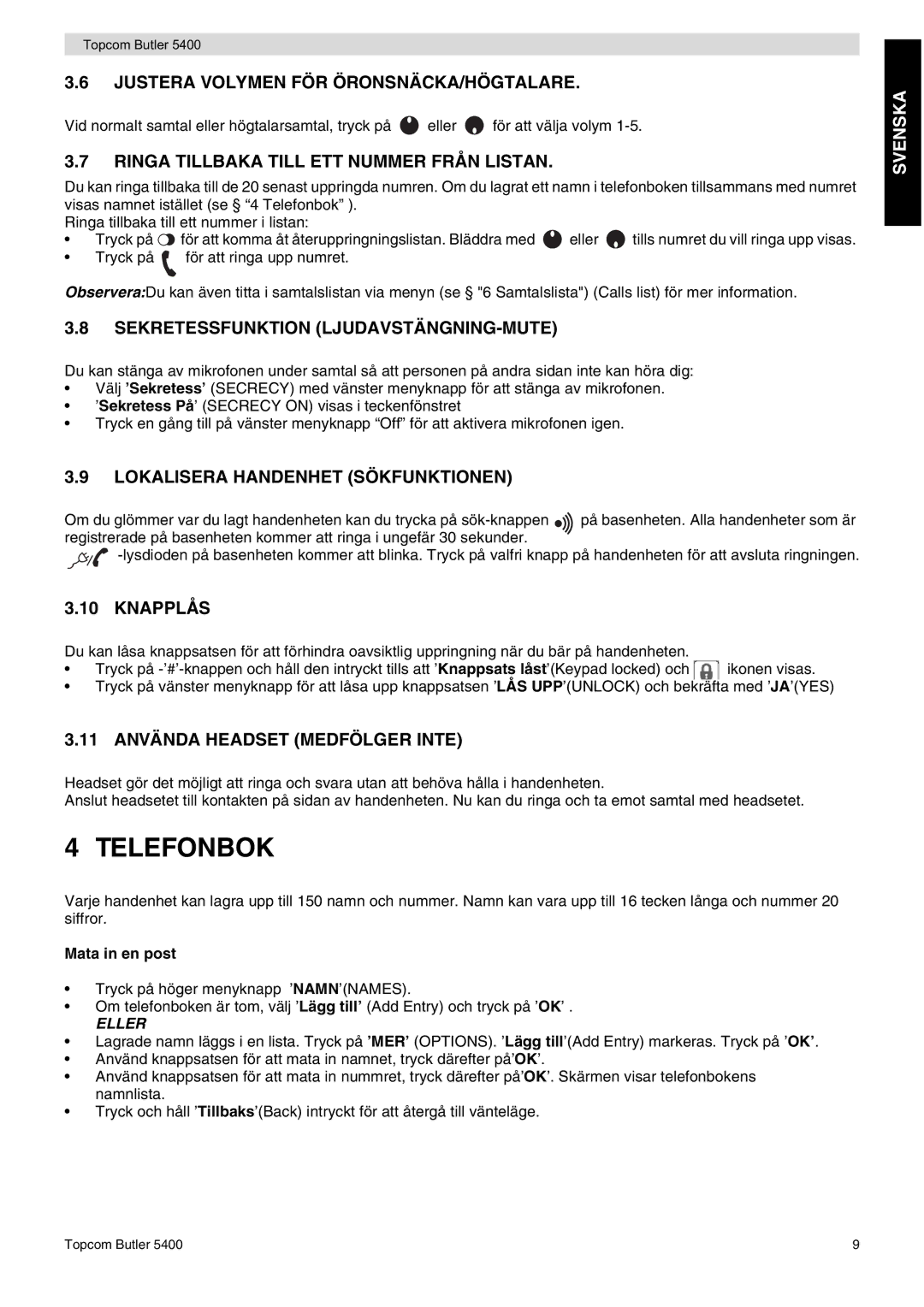 Topcom 5400 user manual Telefonbok 