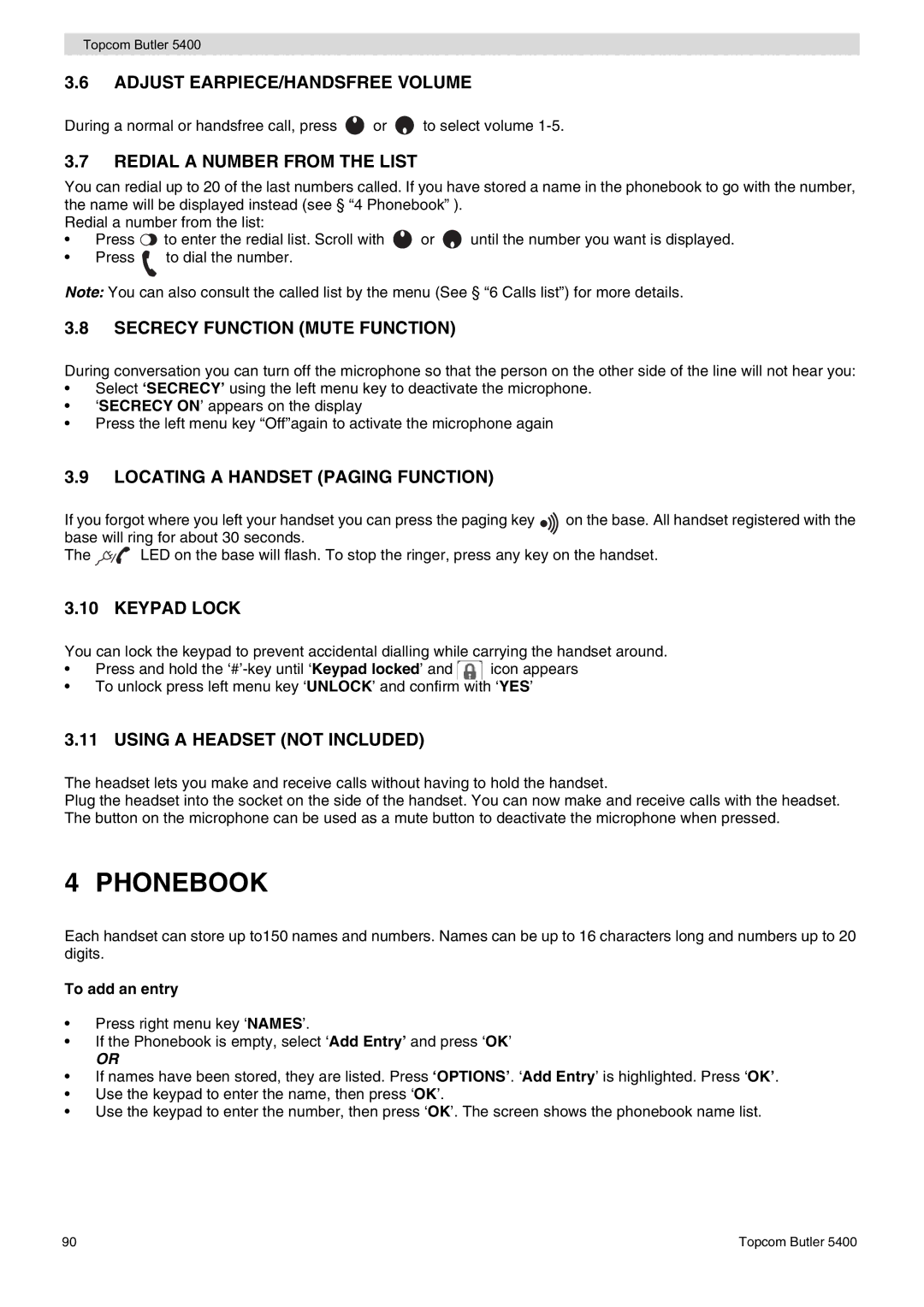 Topcom 5400 user manual Phonebook 