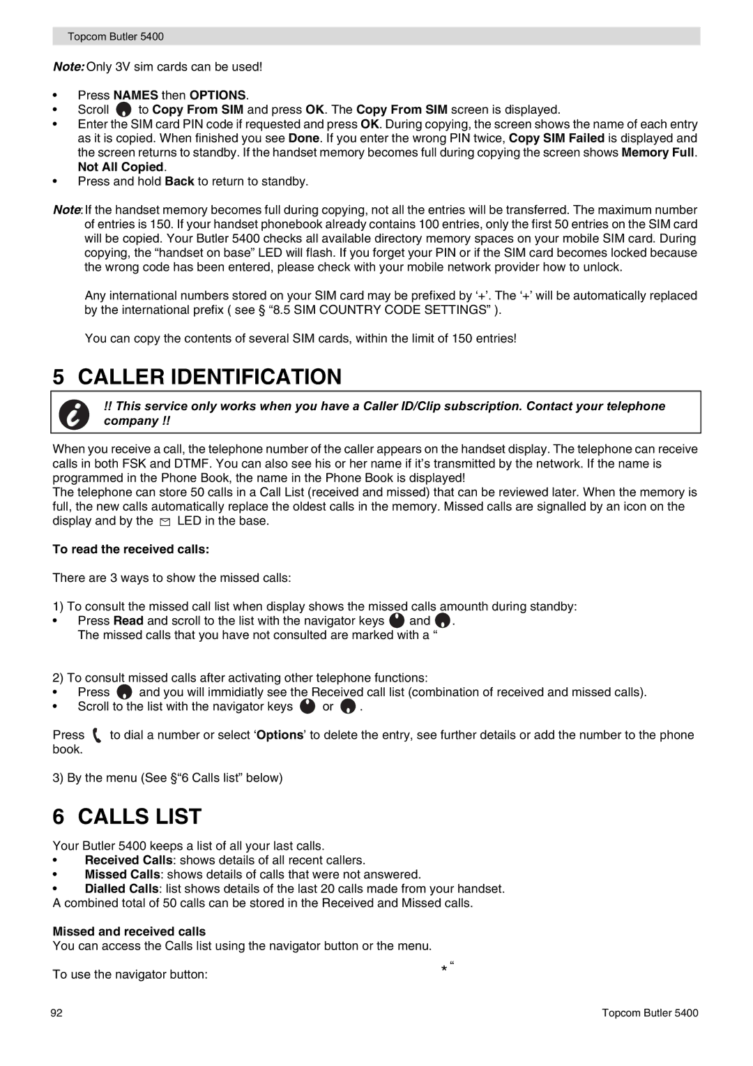 Topcom 5400 user manual Caller Identification, Calls List, Press Names then Options, To read the received calls 