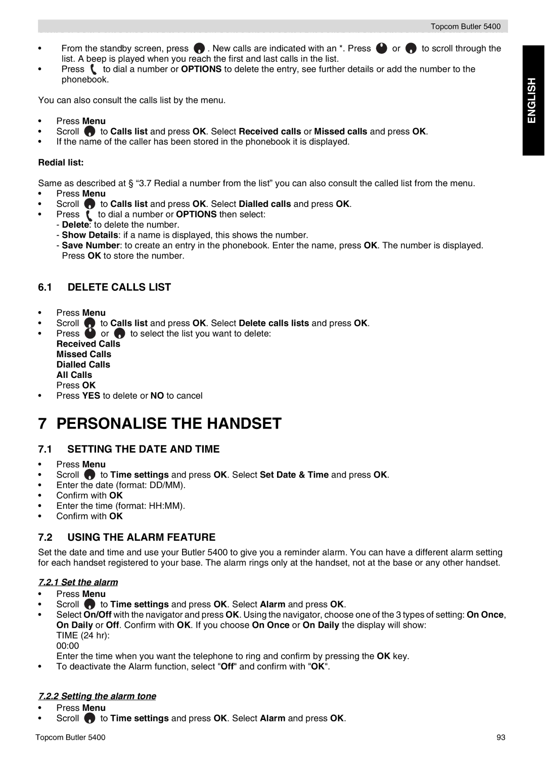 Topcom 5400 user manual Personalise the Handset, Delete Calls List, Setting the Date and Time, Using the Alarm Feature 