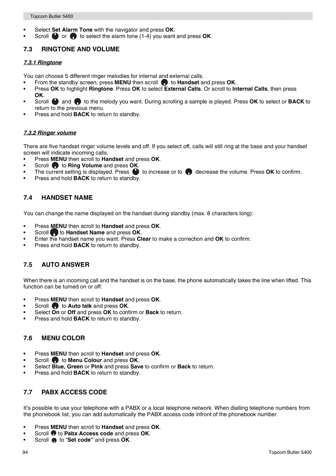 Topcom 5400 user manual Ringtone and Volume, Handset Name, Auto Answer, Menu Color, Pabx Access Code 