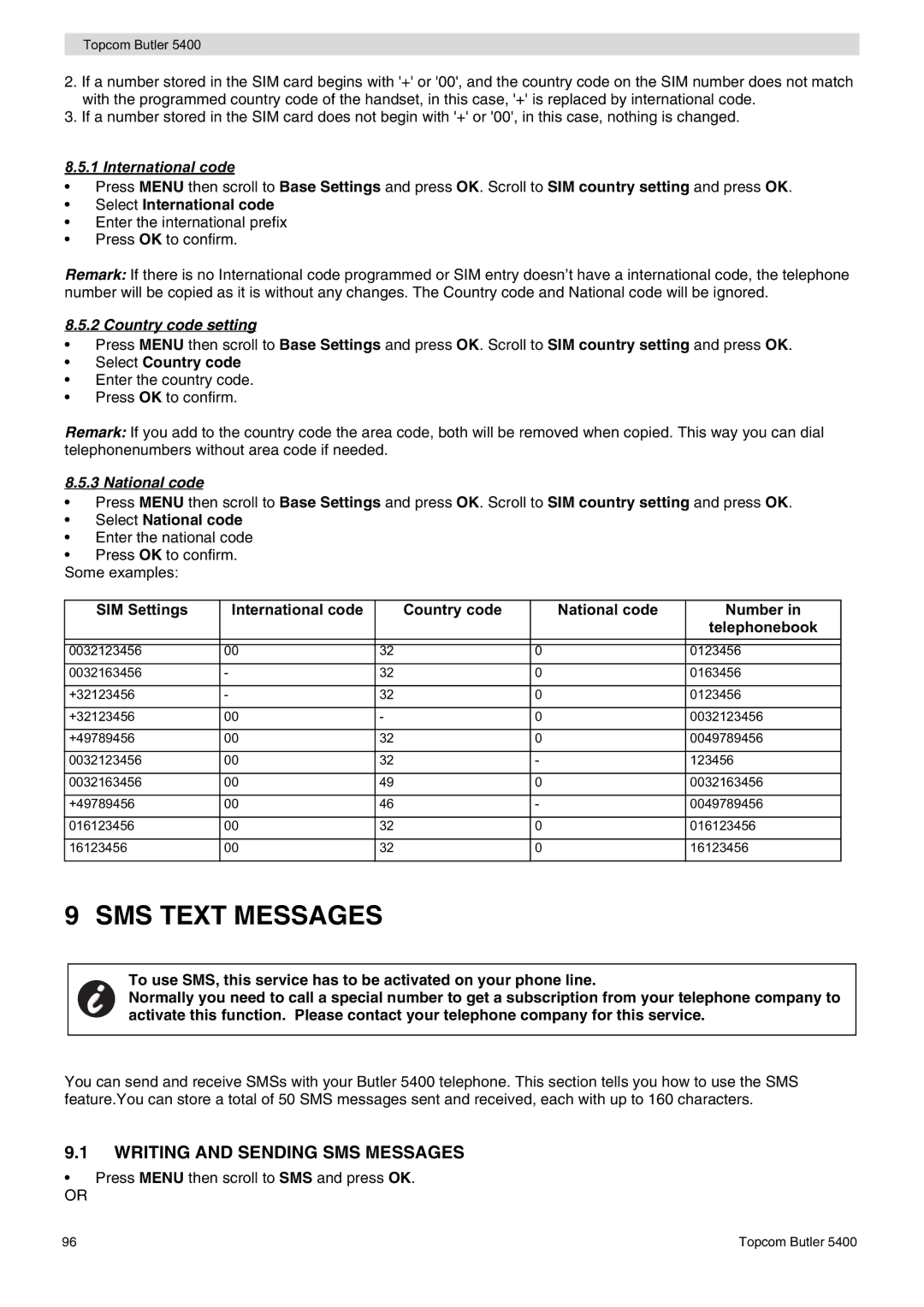 Topcom 5400 user manual SMS Text Messages, Writing and Sending SMS Messages, Country code setting, National code 