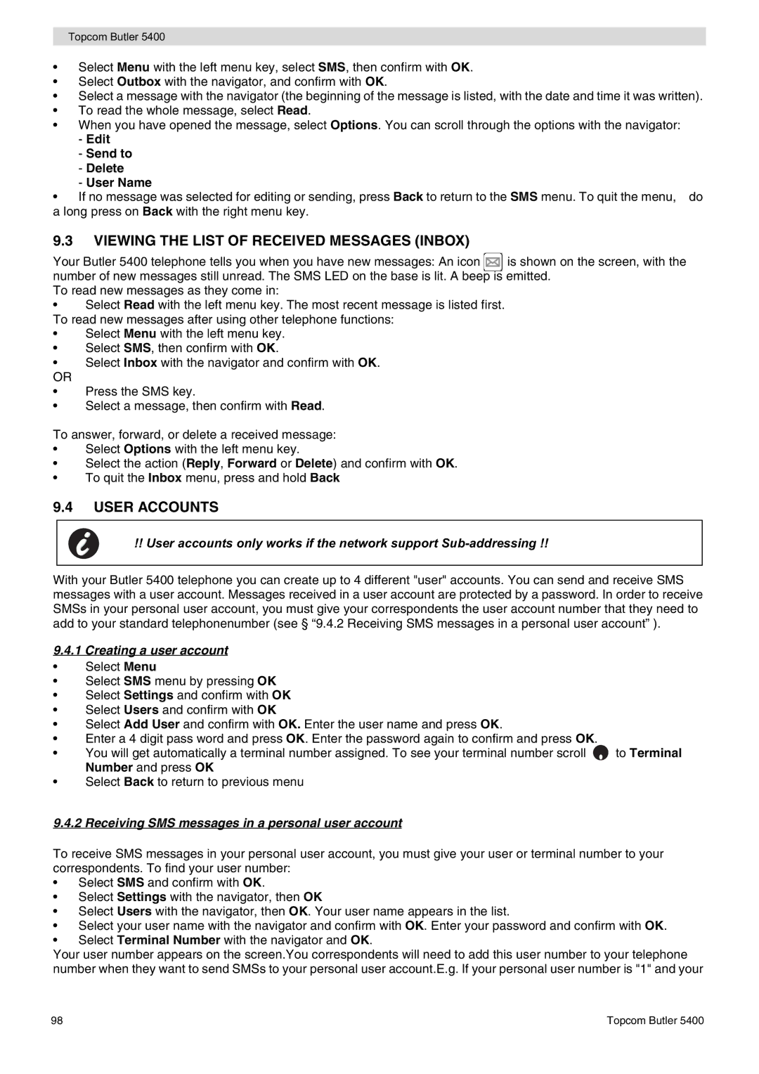 Topcom 5400 user manual Viewing the List of Received Messages Inbox, User Accounts, Edit Send to Delete User Name 