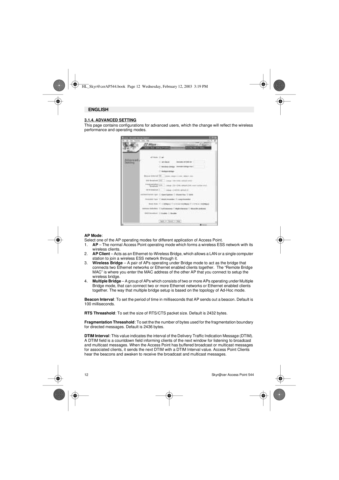 Topcom 544 manual Advanced Setting, AP Mode 