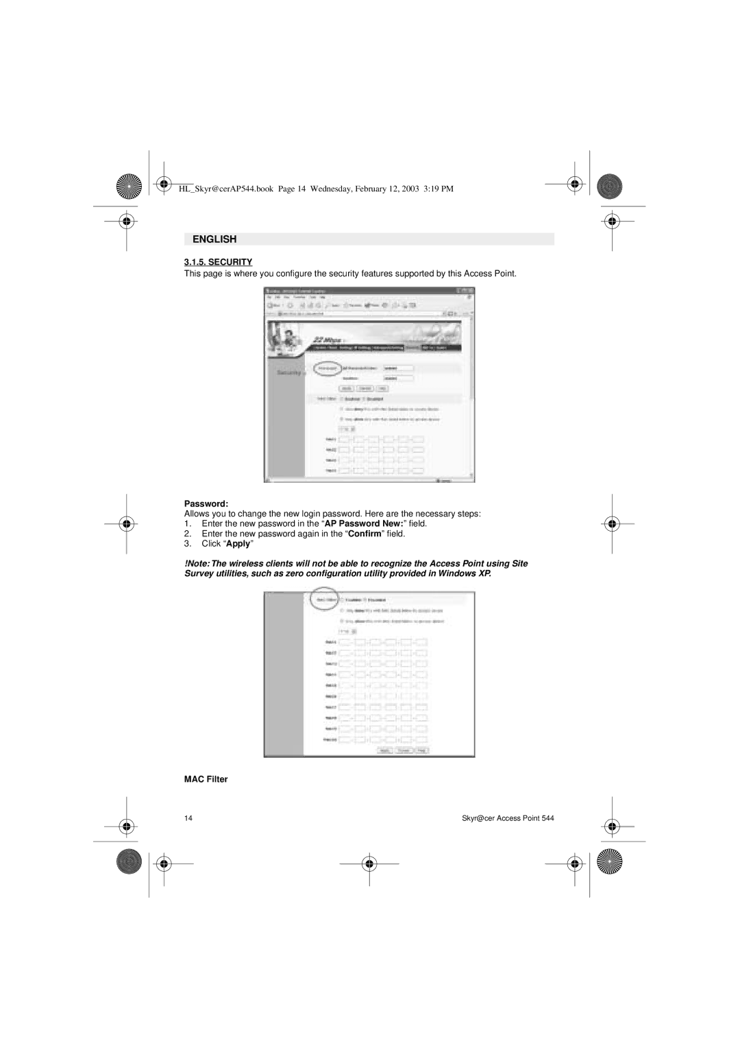 Topcom 544 manual Security, Password, MAC Filter 