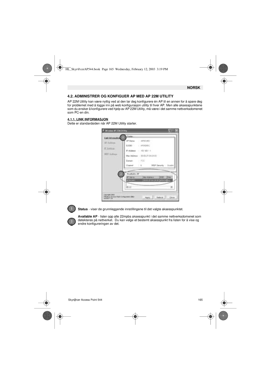 Topcom 544 manual Norsk Administrer OG Konfiguer AP MED AP 22M Utility, Link Informasjon 