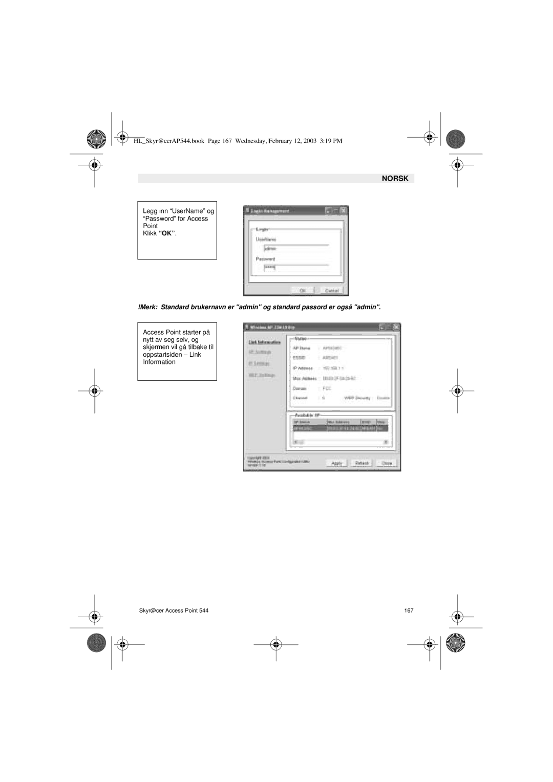 Topcom 544 manual Legg inn UserName og Password for Access Point Klikk OK 