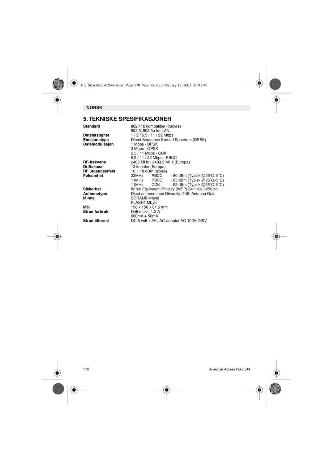 Topcom 544 manual Tekniske Spesifikasjoner 