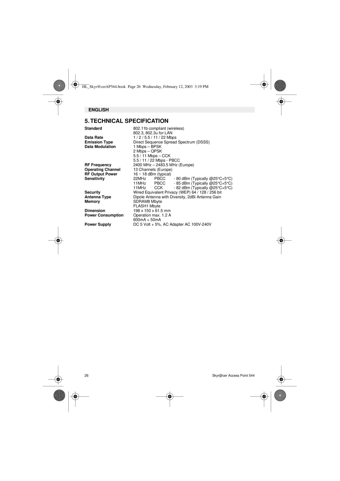 Topcom 544 manual Technical Specification 