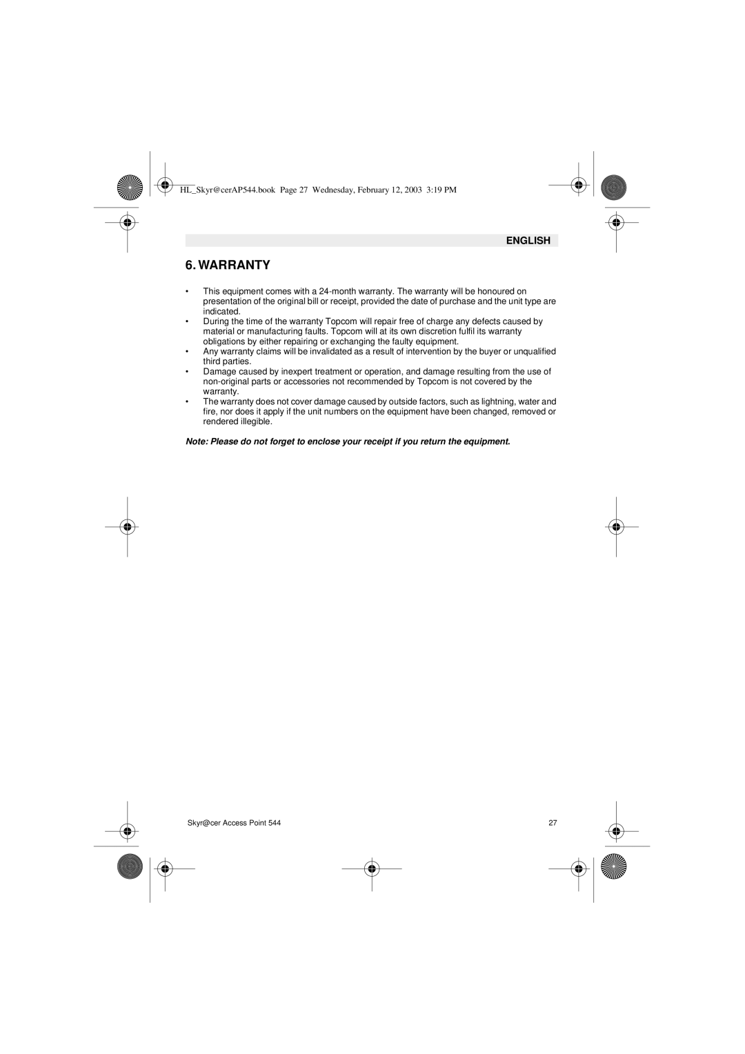 Topcom 544 manual Warranty 