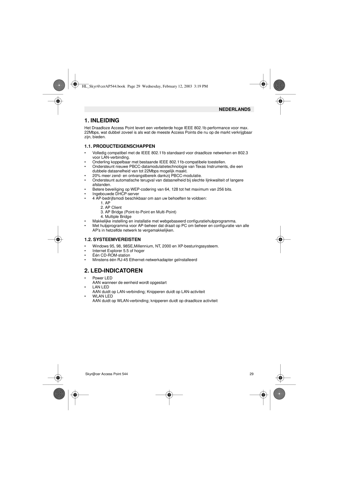 Topcom 544 manual Inleiding, Led-Indicatoren, Producteigenschappen, Systeemvereisten 