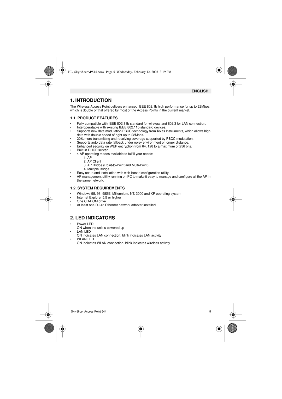 Topcom 544 manual Introduction, LED Indicators, Product Features, System Requirements 