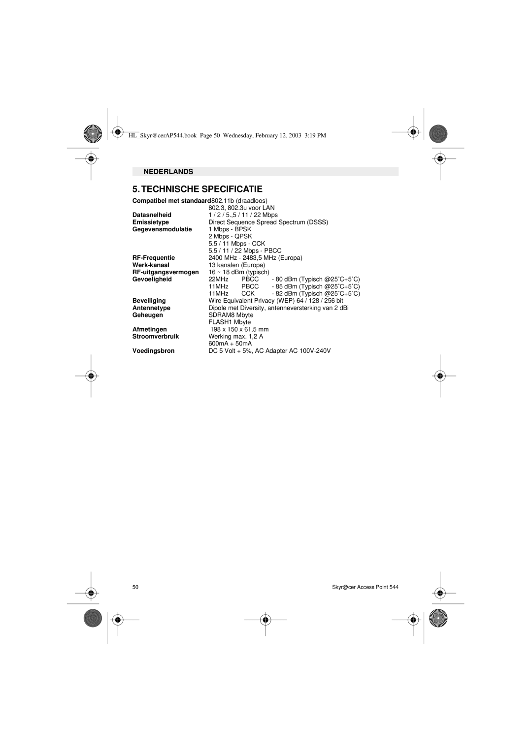 Topcom 544 manual Technische Specificatie 