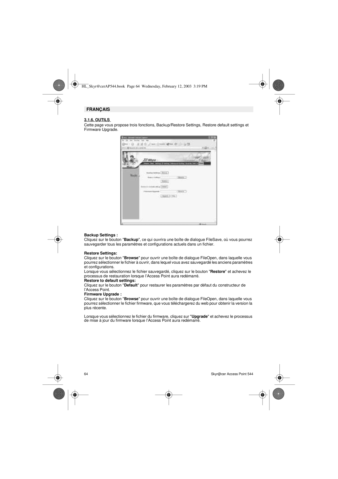 Topcom 544 manual Outils, Backup Settings 