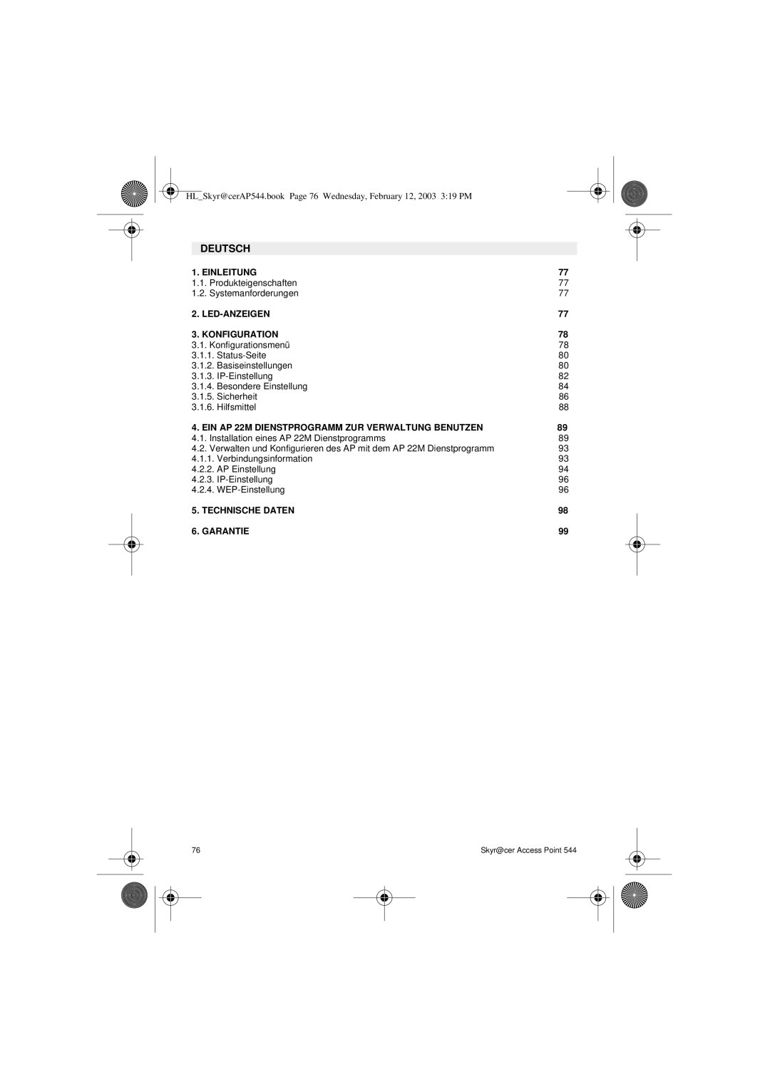 Topcom 544 manual Deutsch, Einleitung, LED-ANZEIGEN Konfiguration, EIN AP 22M Dienstprogramm ZUR Verwaltung Benutzen 