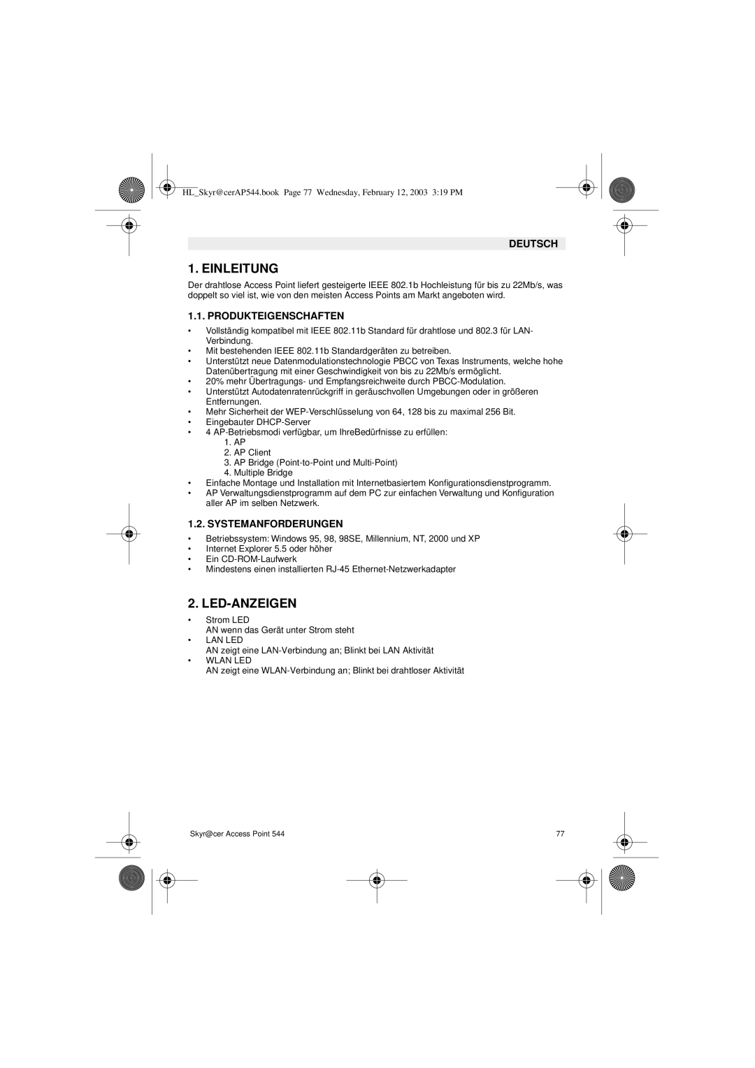 Topcom 544 manual Einleitung, Led-Anzeigen, Produkteigenschaften, Systemanforderungen 