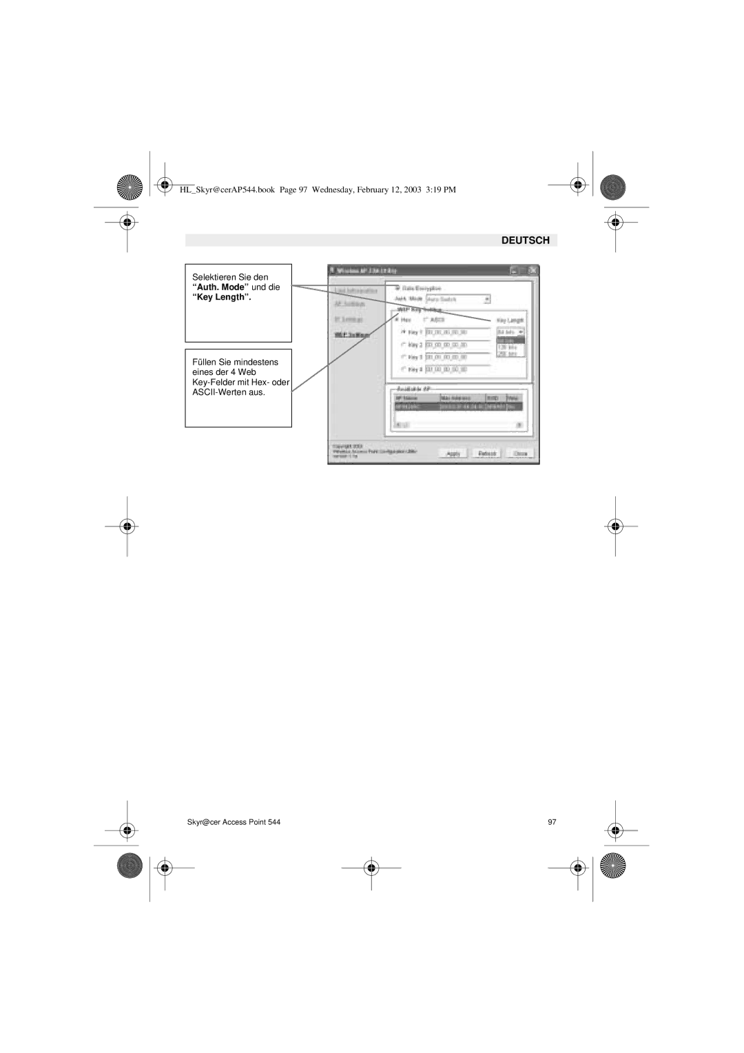 Topcom 544 manual Selektieren Sie den Auth. Mode und die Key Length 