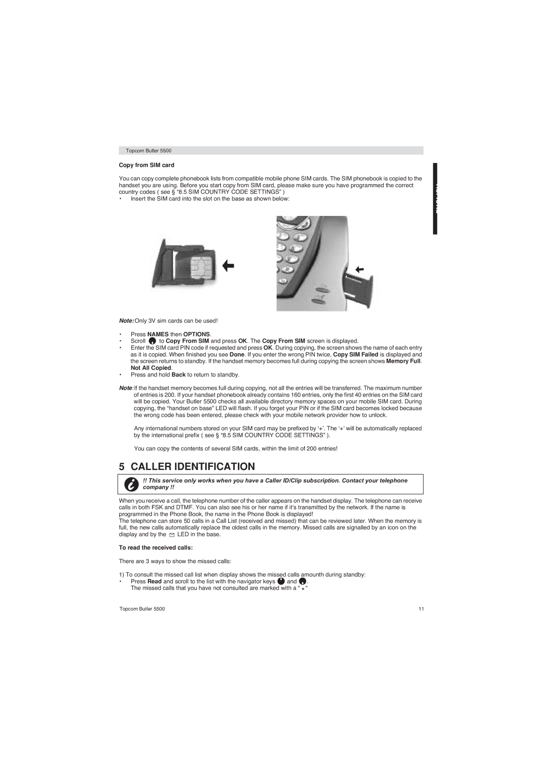 Topcom 5500 manual Caller Identification, Copy from SIM card, To read the received calls 