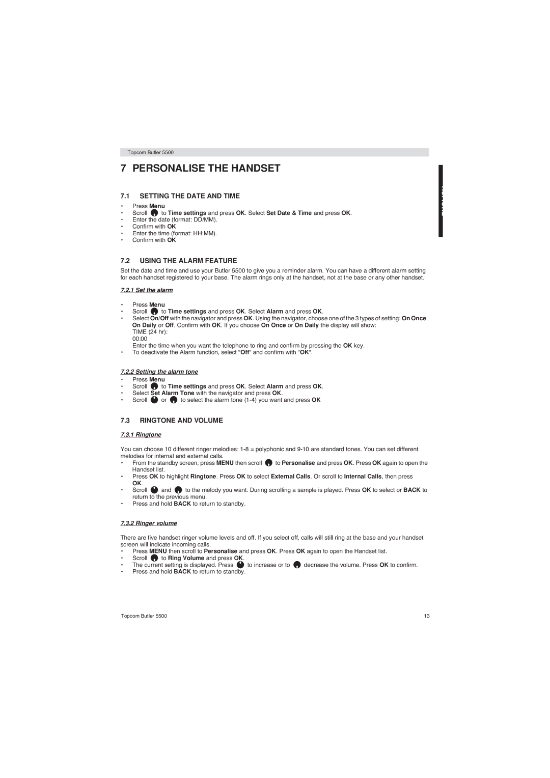 Topcom 5500 manual Personalise the Handset, Setting the Date and Time, Using the Alarm Feature, Ringtone and Volume 