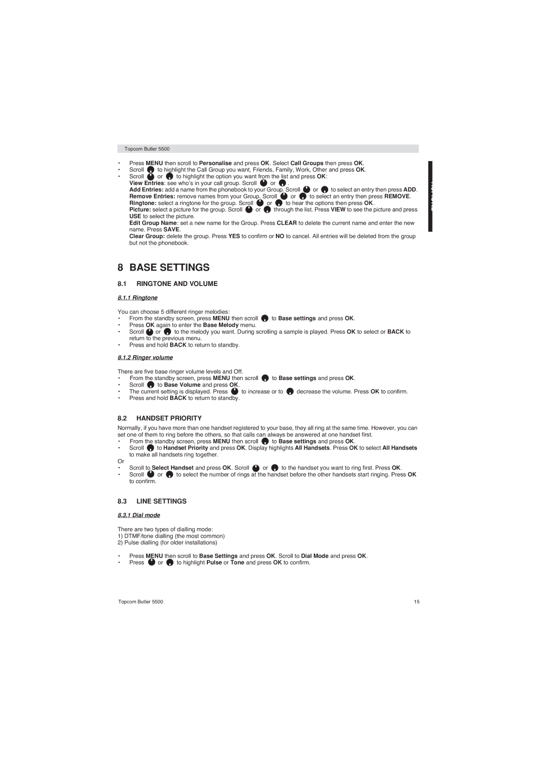 Topcom 5500 manual Base Settings, Handset Priority, Line Settings, Dial mode 