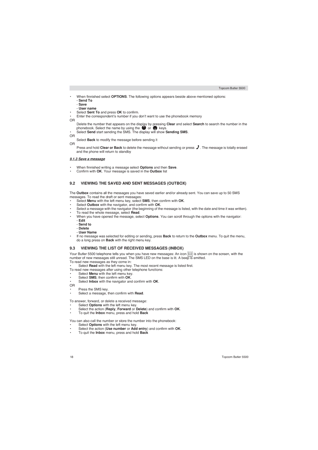 Topcom 5500 manual Viewing the Saved and Sent Messages Outbox, Viewing the List of Received Messages Inbox, Save a message 