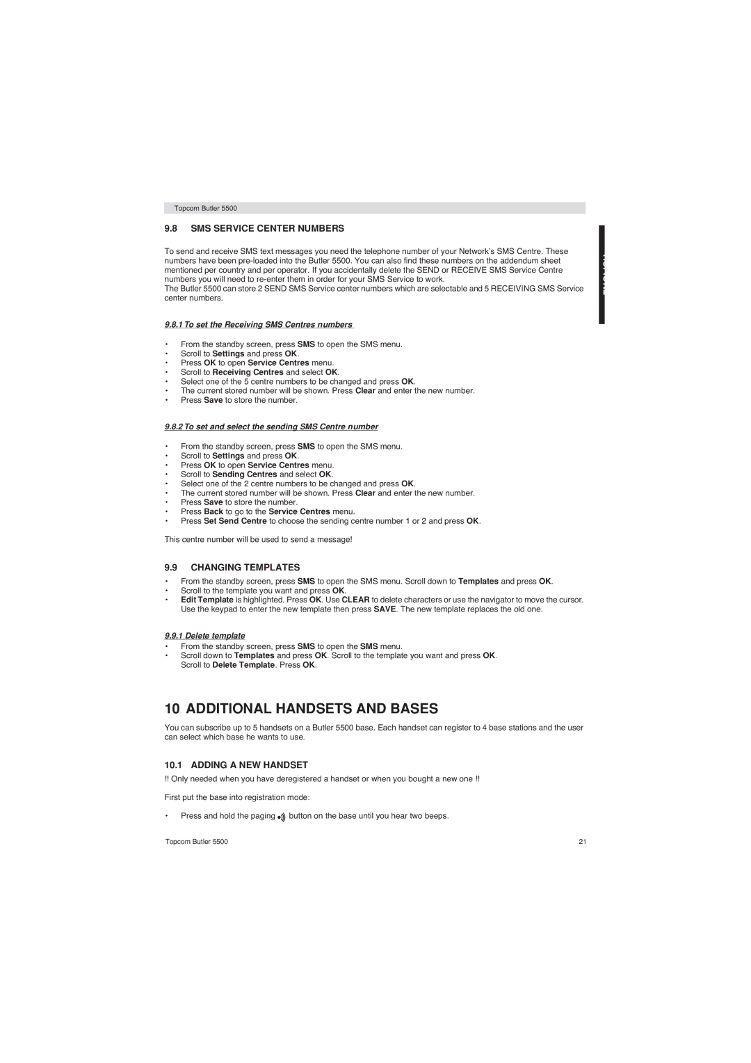 Topcom 5500 manual Additional Handsets and Bases, SMS Service Center Numbers, Changing Templates, Adding a NEW Handset 