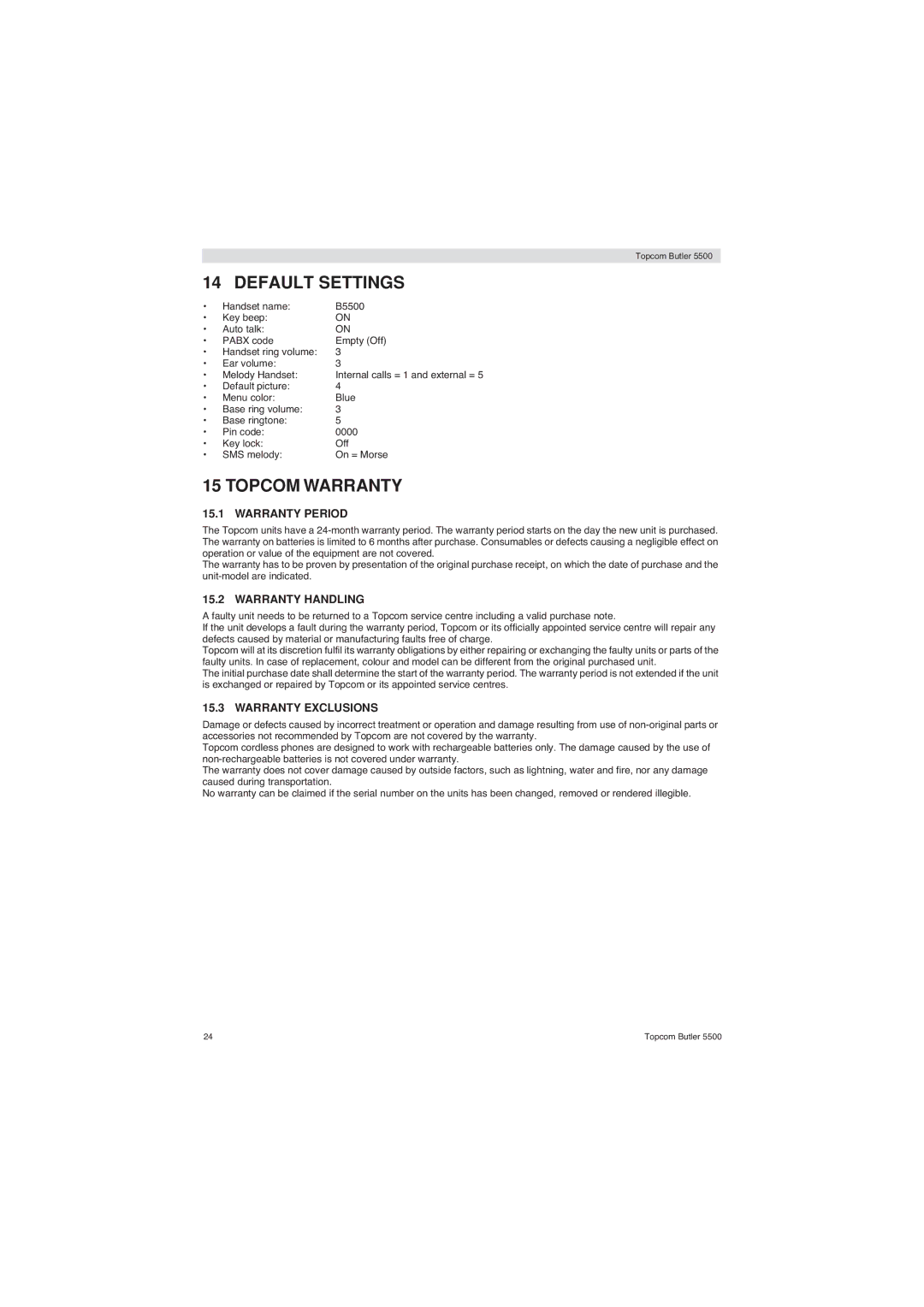 Topcom 5500 manual Default Settings, Topcom Warranty, Warranty Period, Warranty Handling, Warranty Exclusions 