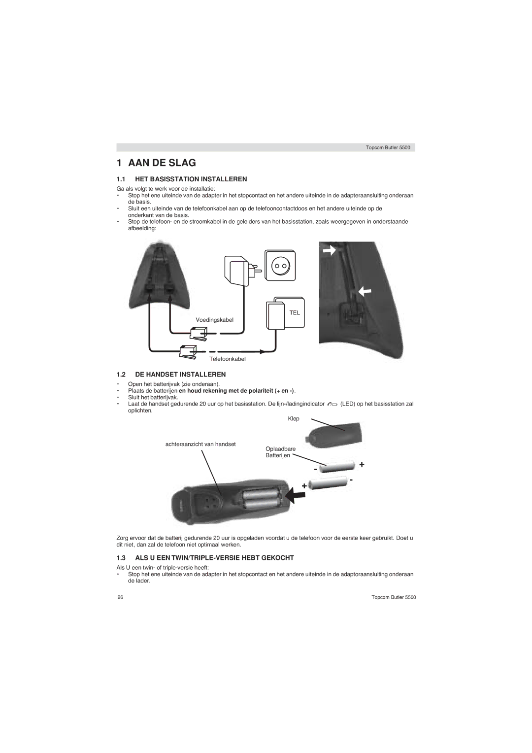 Topcom 5500 AAN DE Slag, HET Basisstation Installeren, DE Handset Installeren, ALS U EEN TWIN/TRIPLE-VERSIE Hebt Gekocht 