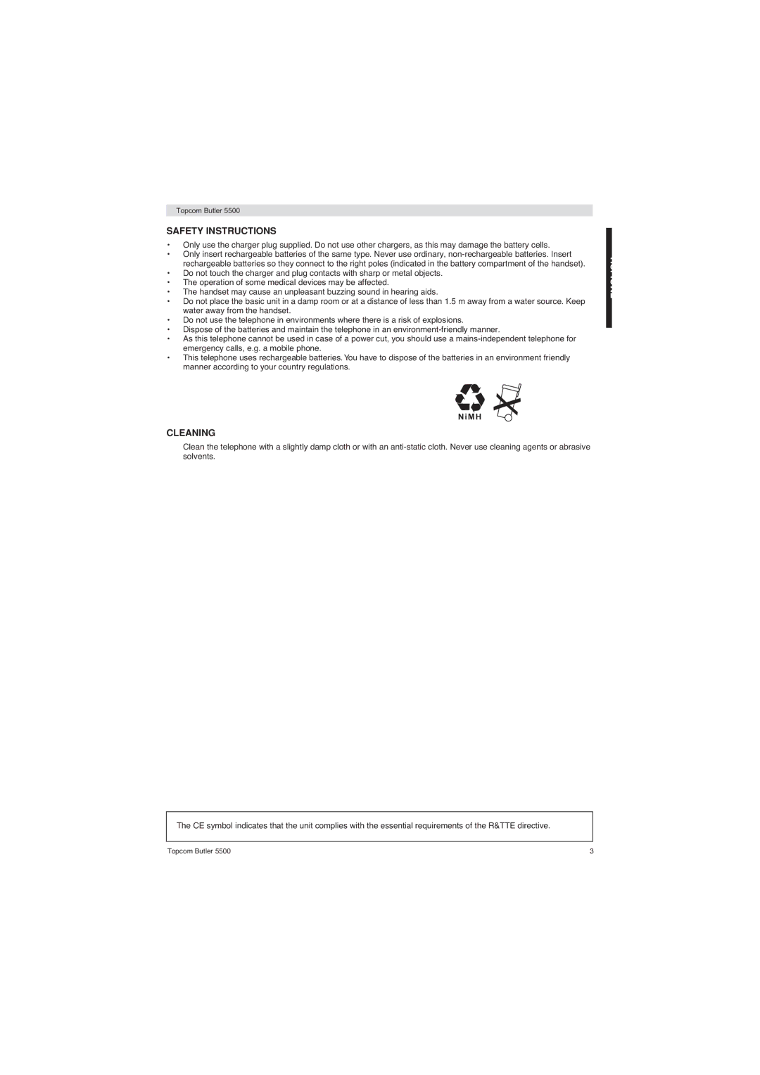 Topcom 5500 manual Safety Instructions, Cleaning, M H 