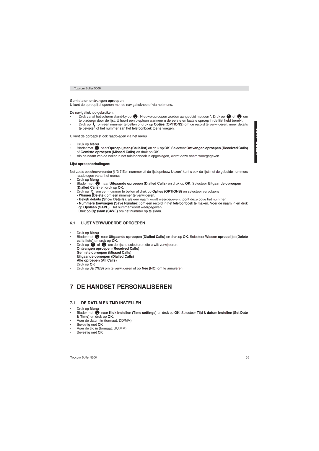 Topcom 5500 DE Handset Personaliseren, Lijst Verwijderde Oproepen, DE Datum EN Tijd Instellen, Lijst oproepherhalingen 