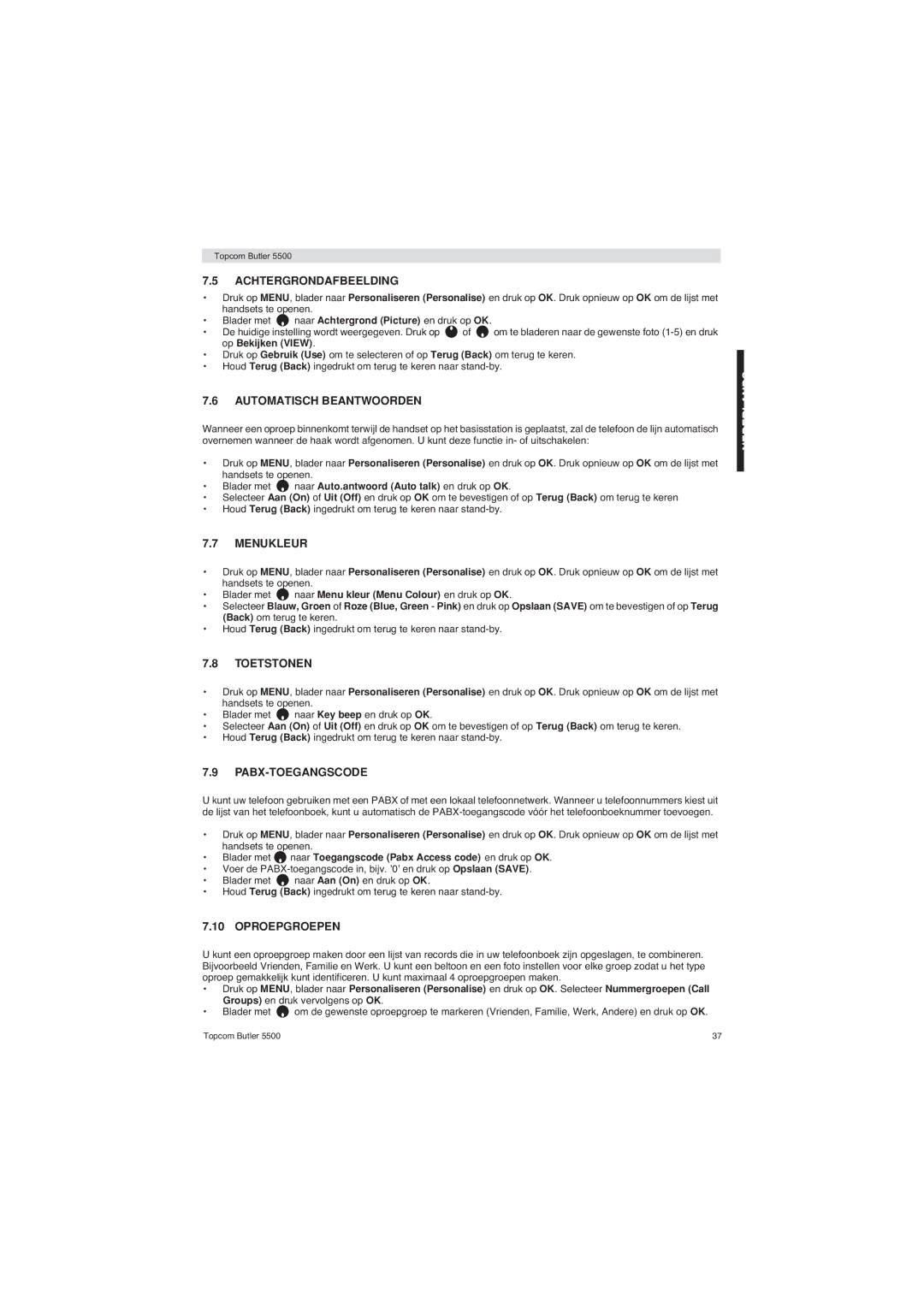 Topcom 5500 manual Achtergrondafbeelding, Automatisch Beantwoorden, Menukleur, Toetstonen, Pabx-Toegangscode, Oproepgroepen 