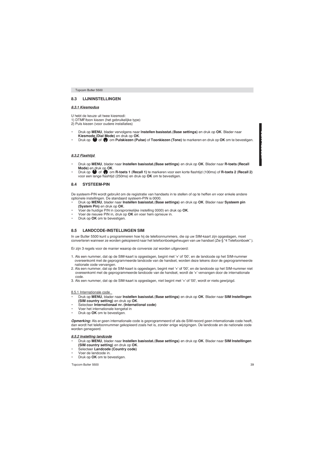 Topcom 5500 manual Lijninstellingen, Systeem-Pin, Landcode-Instellingen Sim 