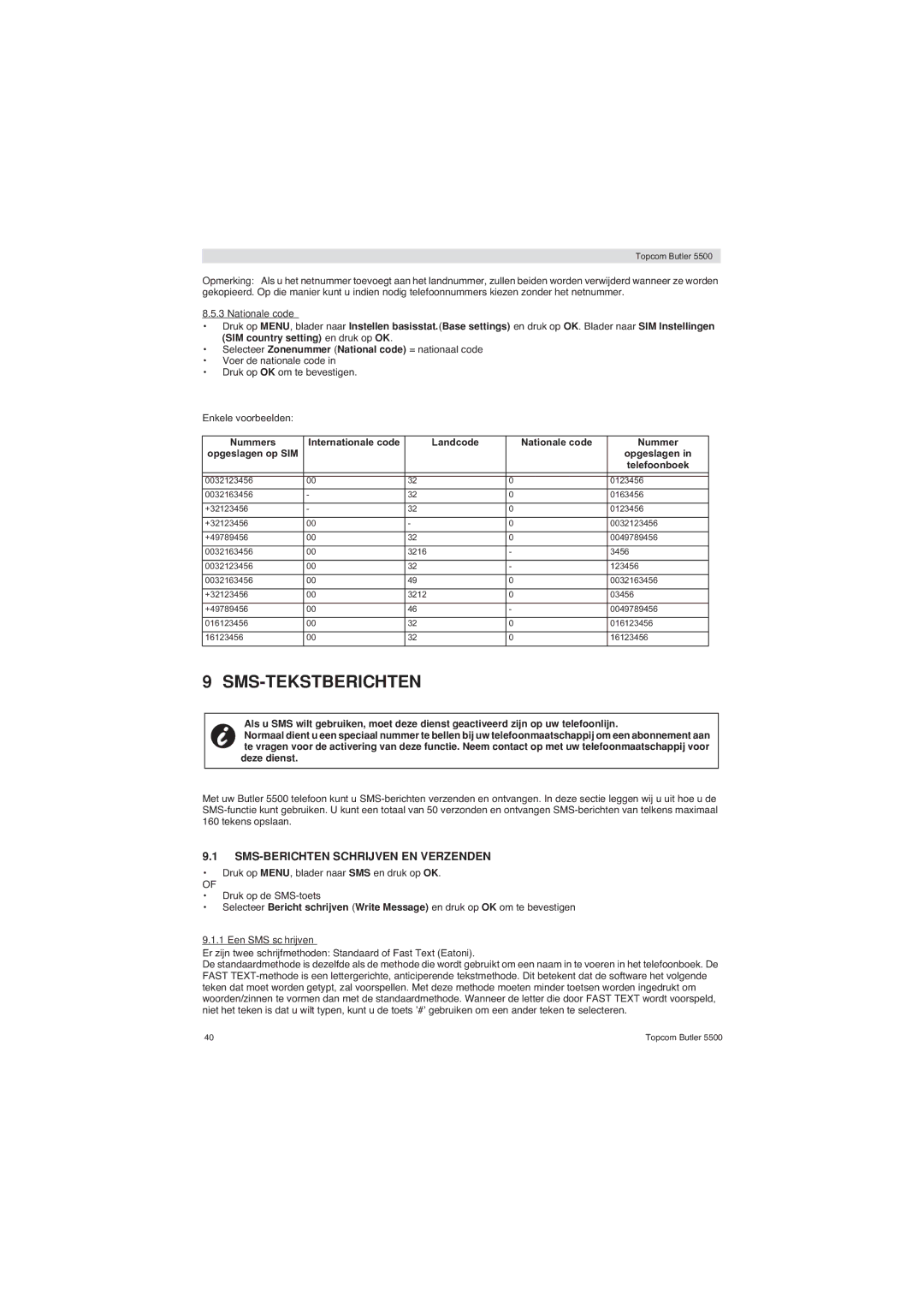 Topcom 5500 Sms-Tekstberichten, SMS-BERICHTEN Schrijven EN Verzenden, Nationale code, Telefoonboek, Een SMS schrijven 