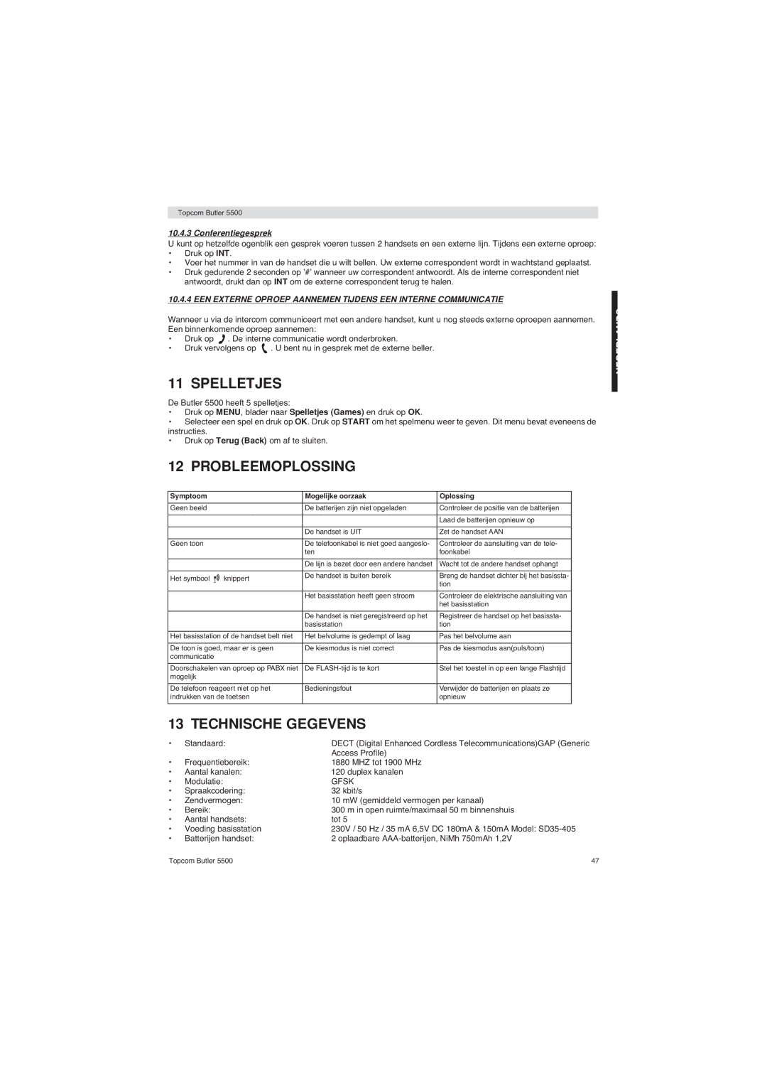 Topcom 5500 manual Spelletjes, Probleemoplossing, Technische Gegevens, Conferentiegesprek, Standaard 