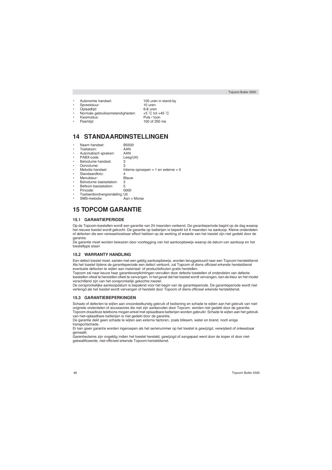 Topcom 5500 manual Standaardinstellingen, Topcom Garantie, Garantieperiode, Garantiebeperkingen 