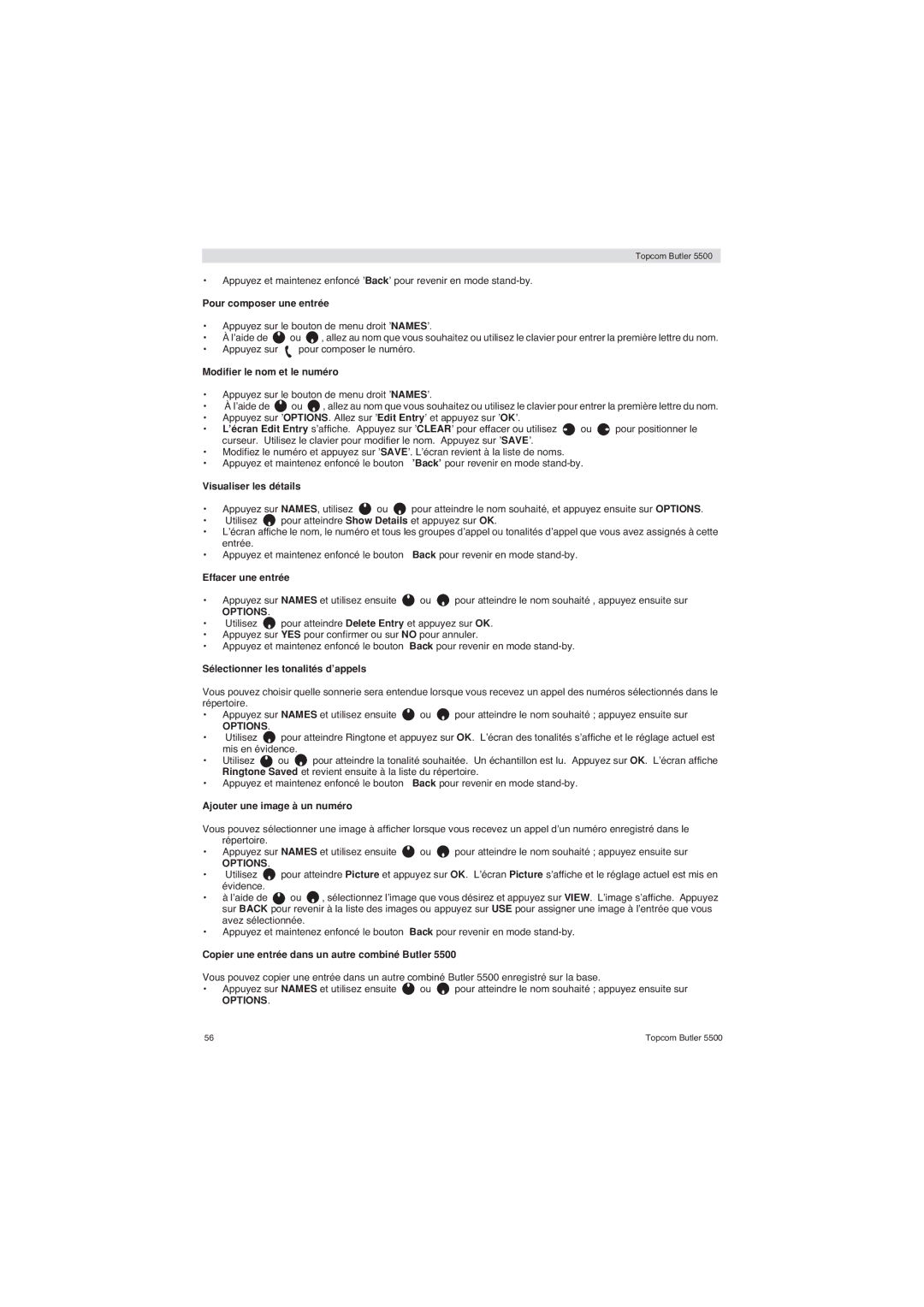 Topcom 5500 manual Pour composer une entrée, Modifier le nom et le numéro, Visualiser les détails, Effacer une entrée 