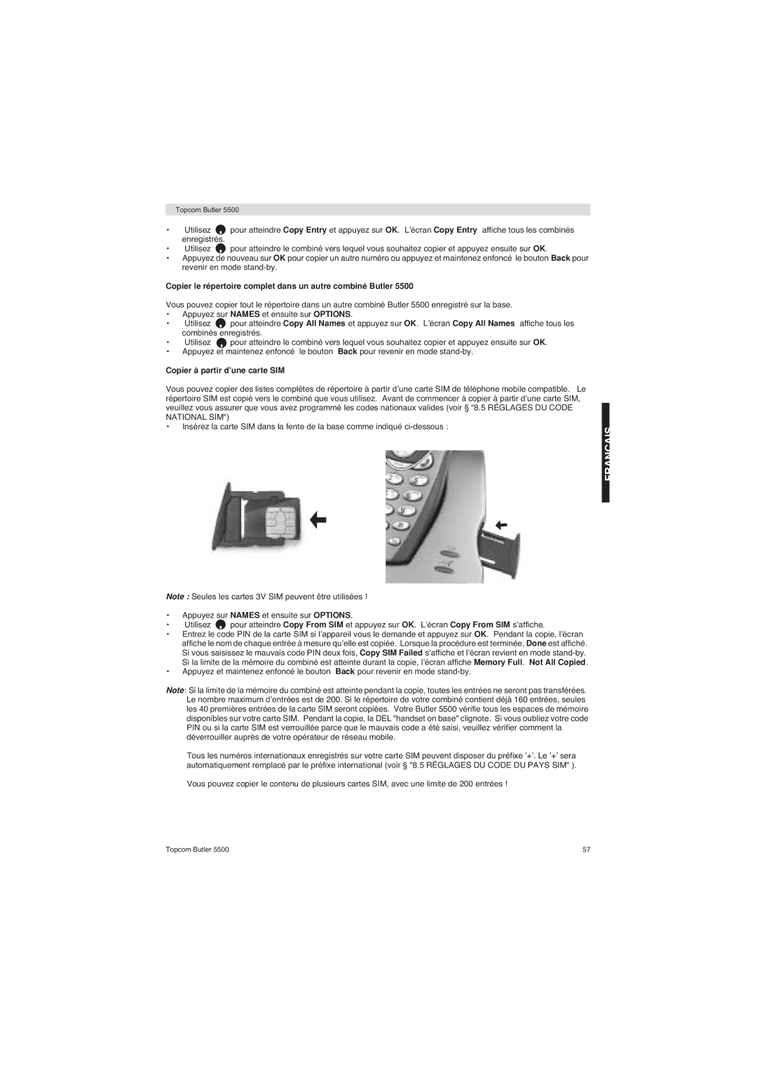 Topcom 5500 manual Copier le répertoire complet dans un autre combiné Butler, Copier à partir d’une carte SIM 