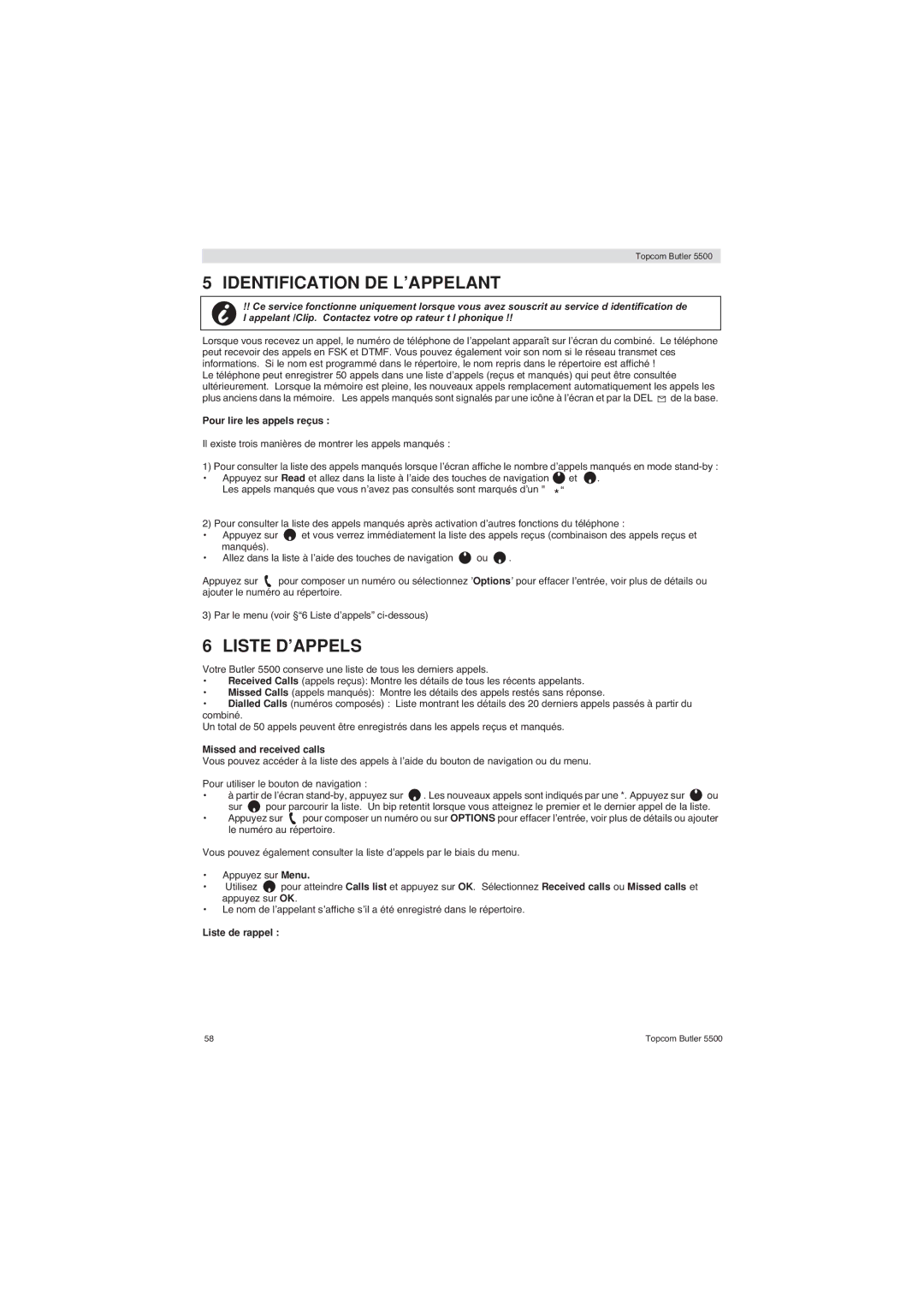 Topcom 5500 manual Identification DE L’APPELANT, Liste D’APPELS, Pour lire les appels reçus, Liste de rappel 