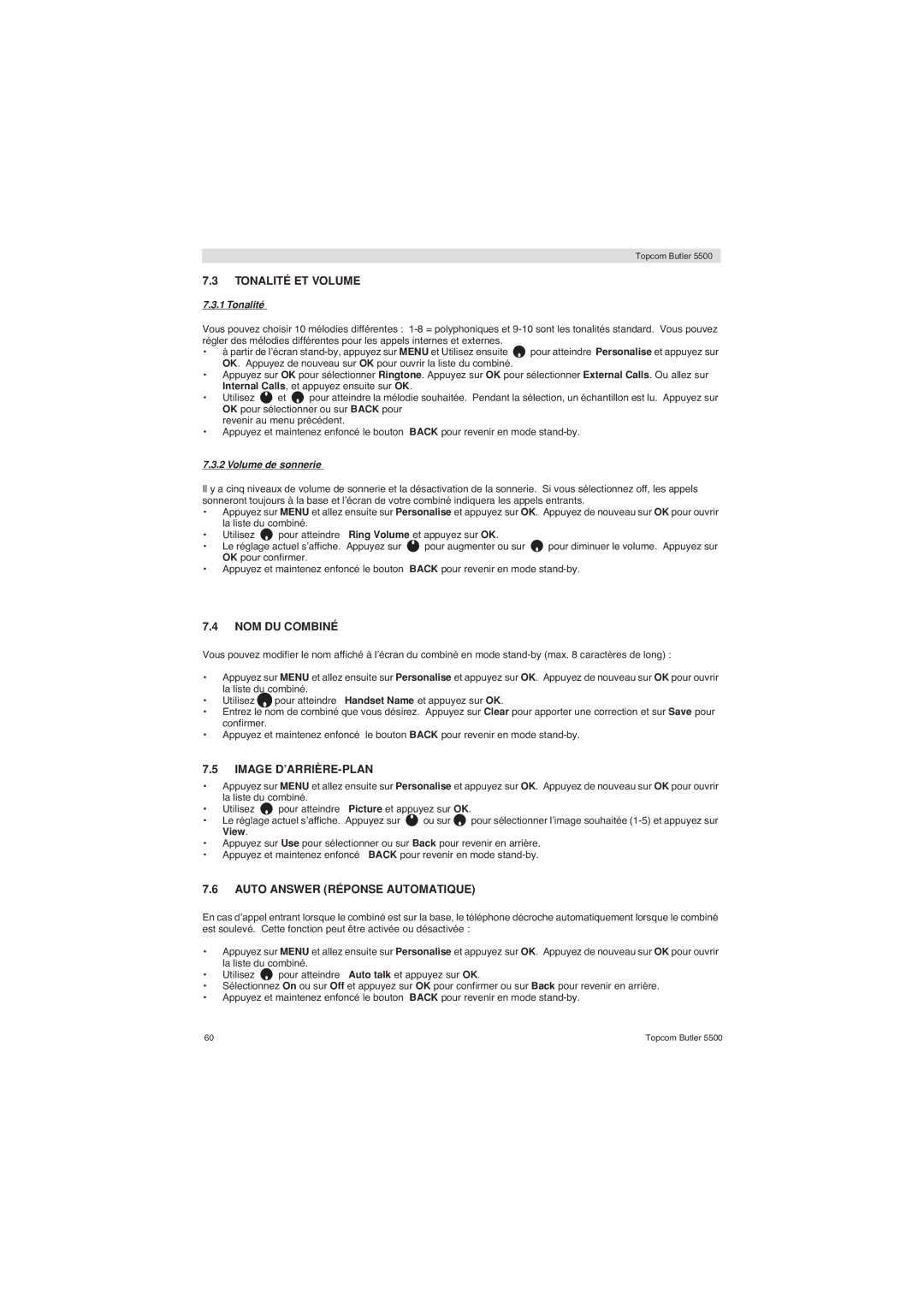 Topcom 5500 manual Tonalité ET Volume, NOM DU Combiné, Image D’ARRIÈRE-PLAN, Auto Answer Réponse Automatique 