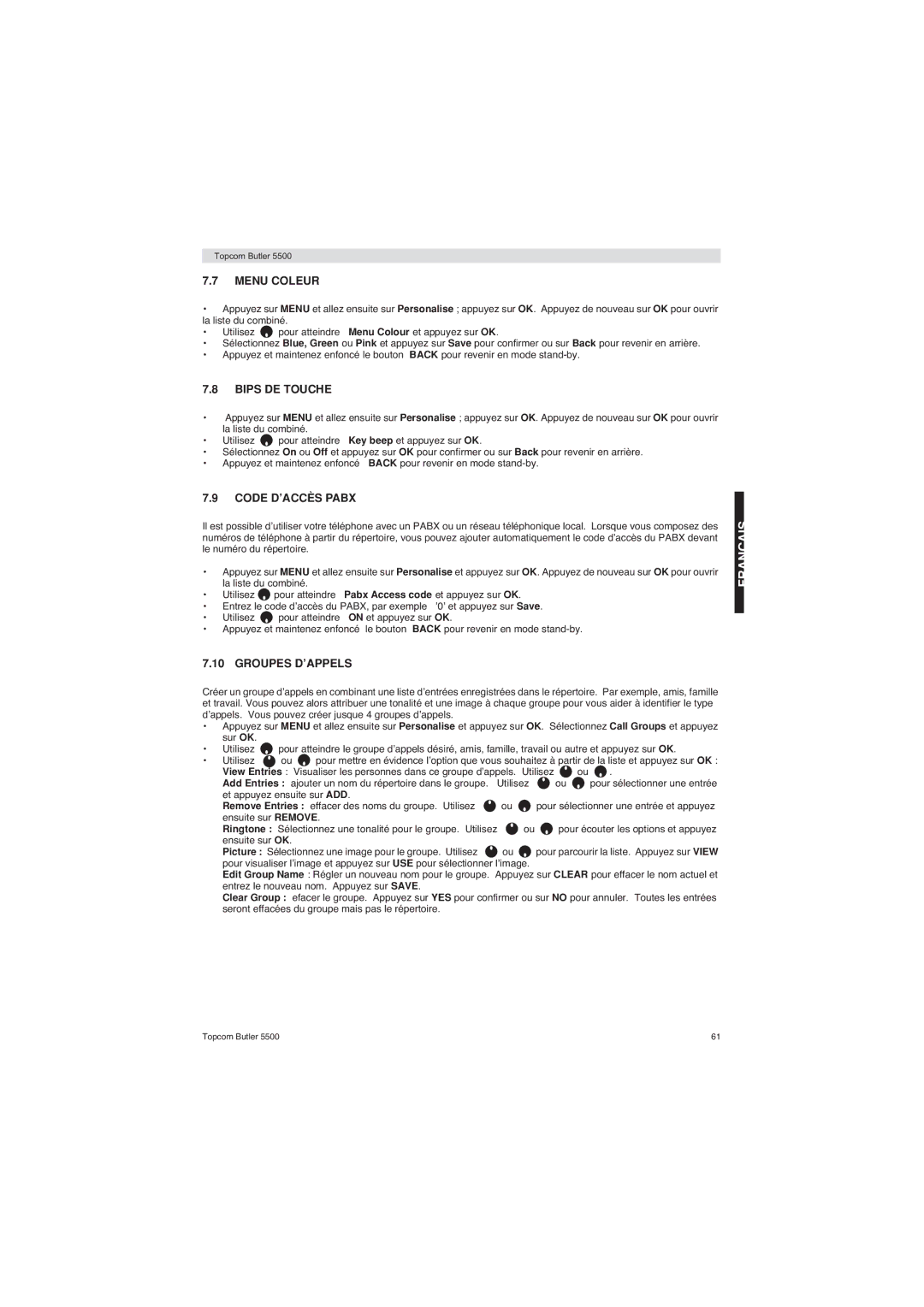 Topcom 5500 manual Menu Coleur, Bips DE Touche, Code D’ACCÈS Pabx, Groupes D’APPELS 