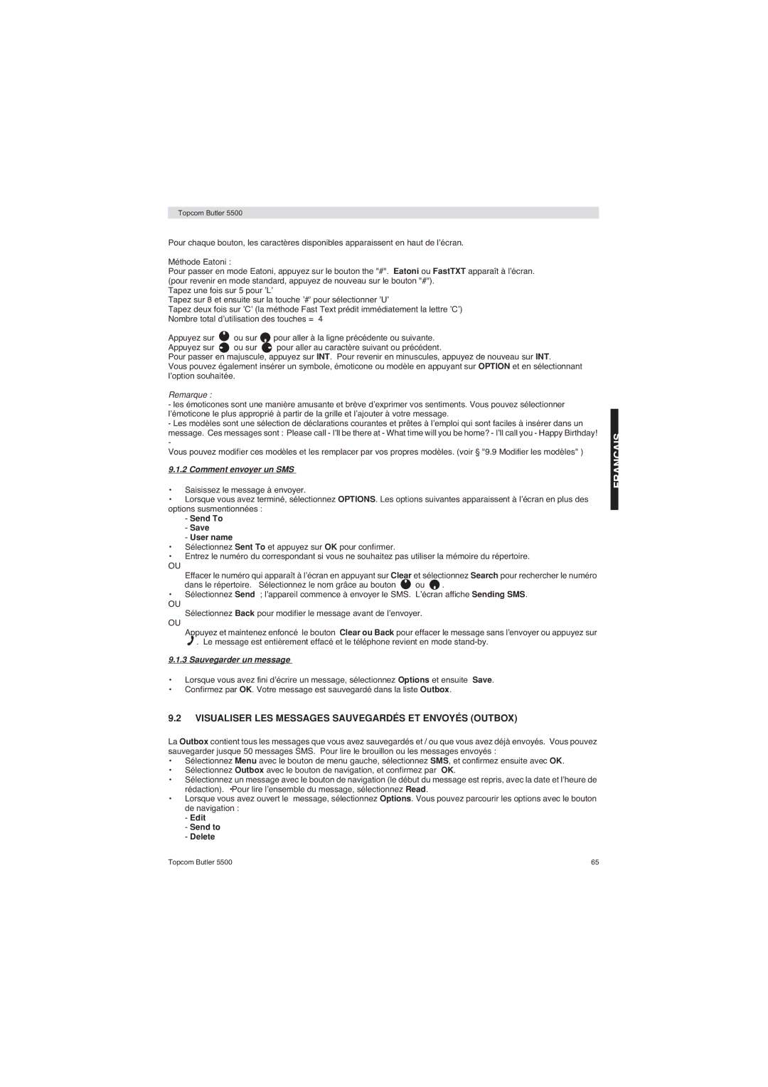 Topcom 5500 manual Visualiser LES Messages Sauvegardés ET Envoyés Outbox, Comment envoyer un SMS, Sauvegarder un message 