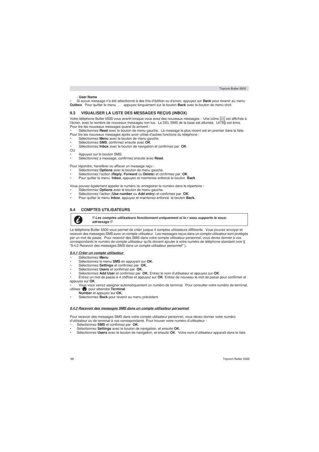 Topcom 5500 manual Visualiser LA Liste DES Messages Reçus Inbox, Comptes Utilisateurs, 1 Créer un compte utilisateur 