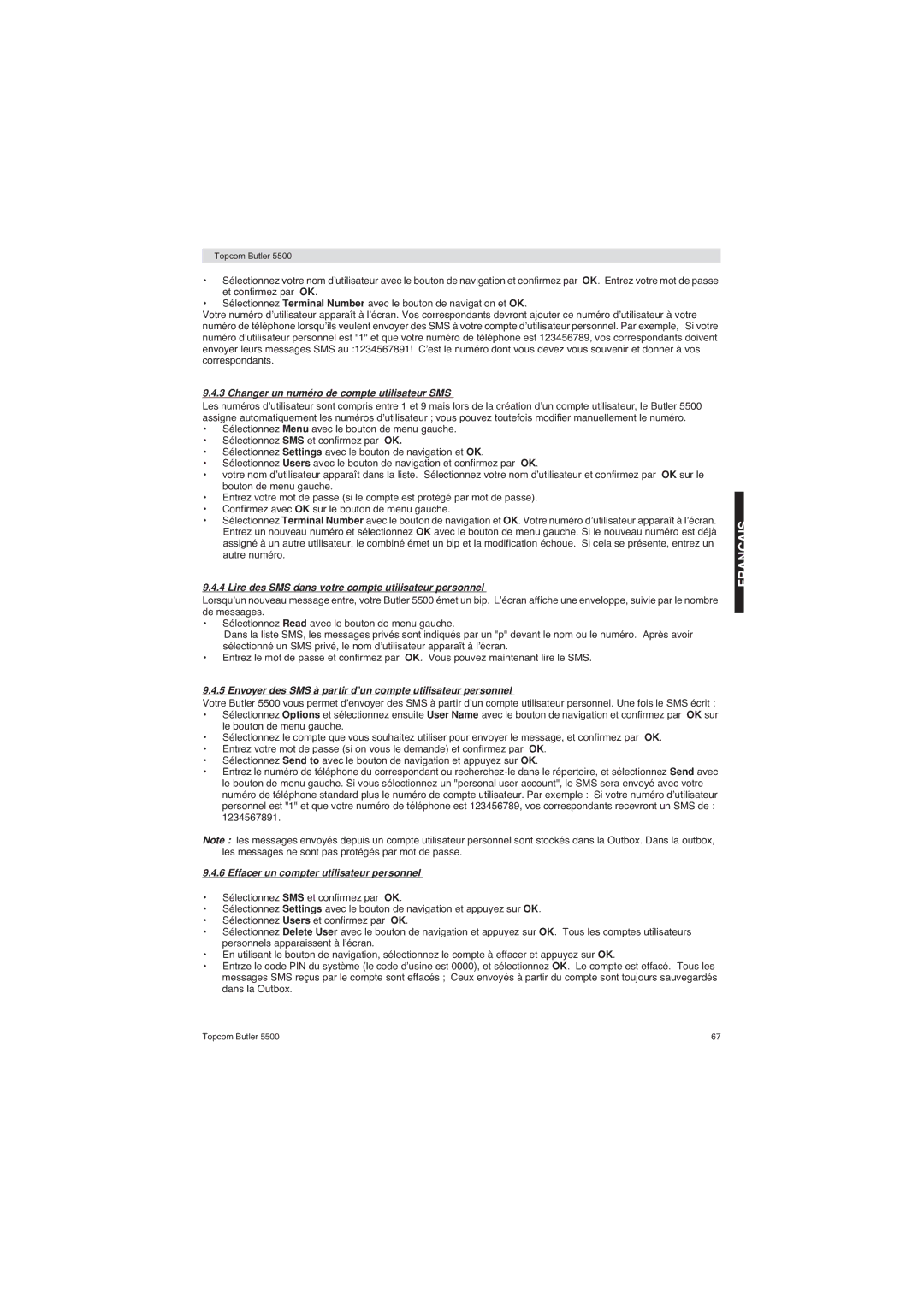 Topcom 5500 manual Changer un numéro de compte utilisateur SMS, Lire des SMS dans votre compte utilisateur personnel 