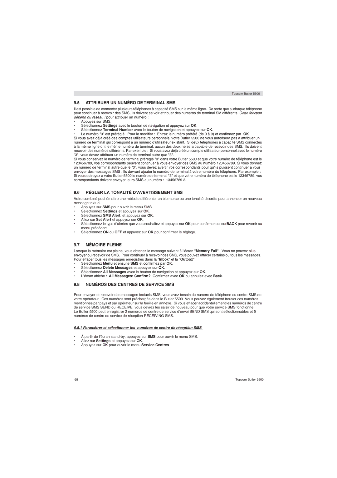 Topcom 5500 manual Attribuer UN Numéro DE Terminal SMS, Régler LA Tonalité D’AVERTISSEMENT SMS, Mémoire Pleine 