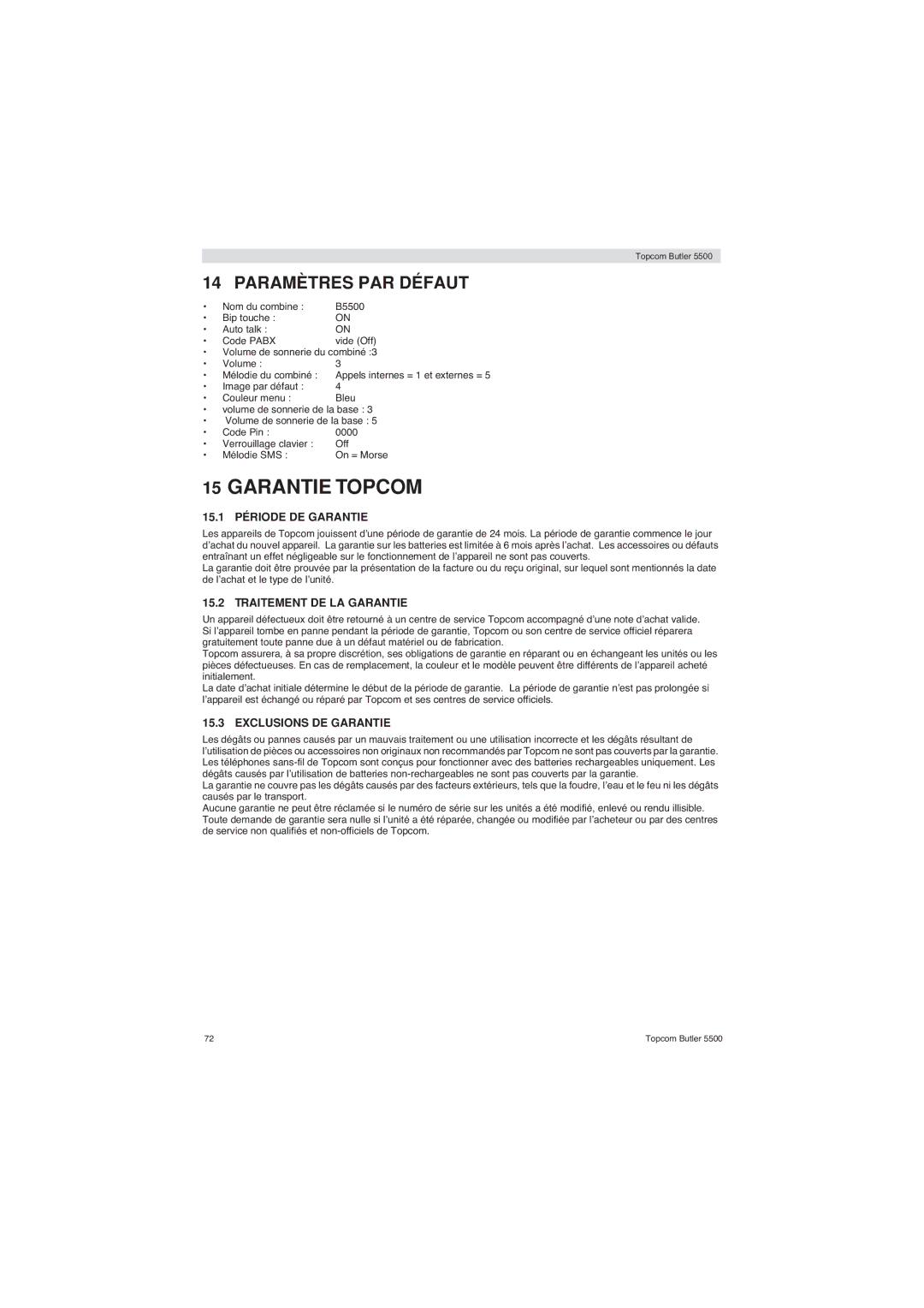 Topcom 5500 manual Paramètres PAR Défaut, 15.1 Période DE Garantie, Traitement DE LA Garantie, Exclusions DE Garantie 