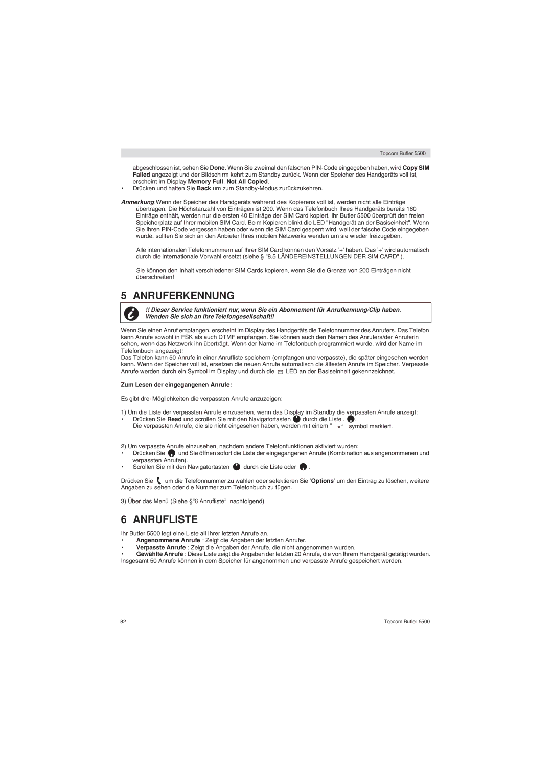 Topcom 5500 manual Anruferkennung, Anrufliste, Zum Lesen der eingegangenen Anrufe 