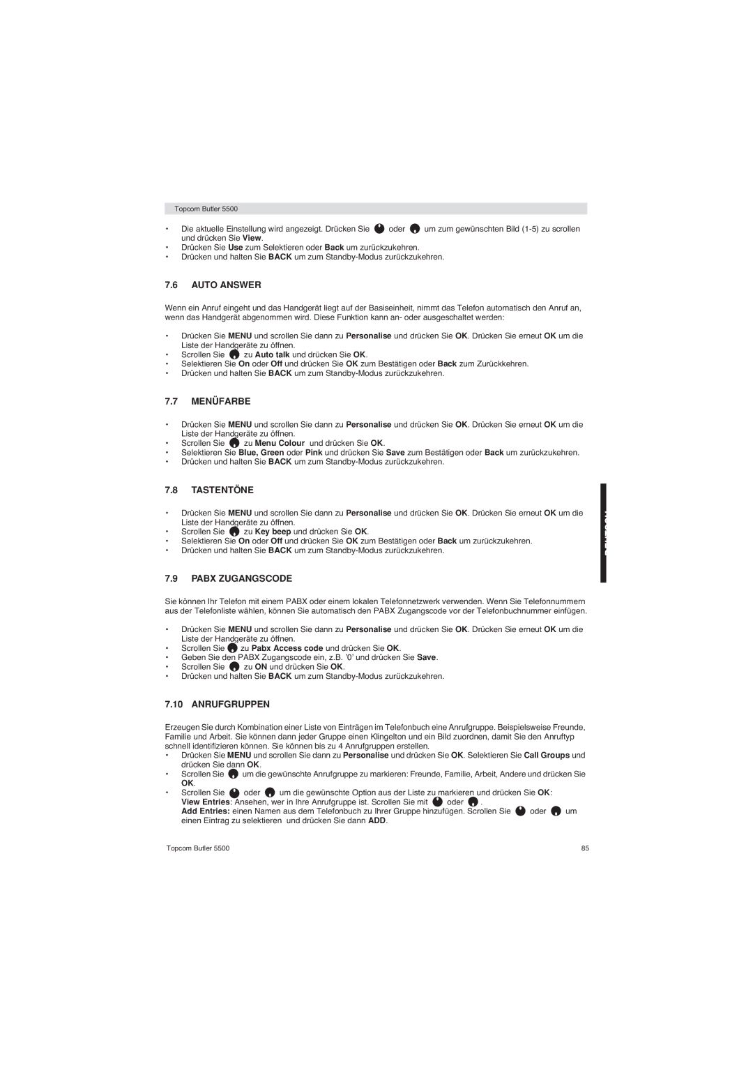 Topcom 5500 manual Menüfarbe, Tastentöne, Pabx Zugangscode, Anrufgruppen 