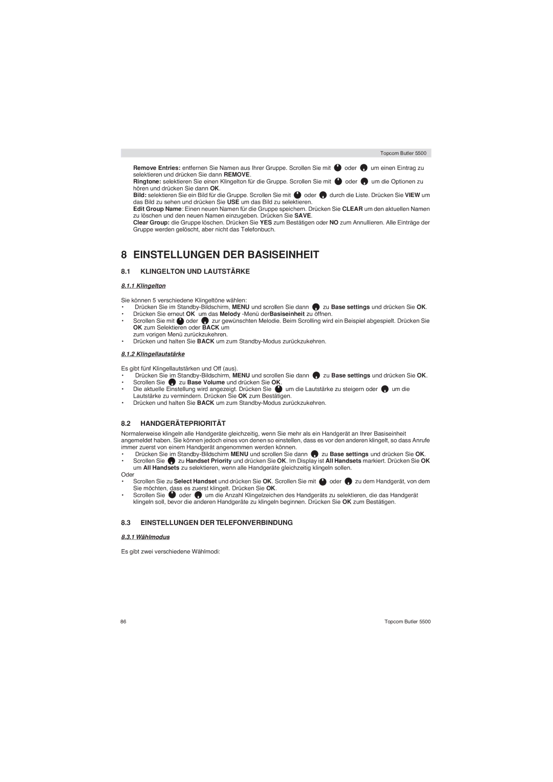 Topcom 5500 manual Einstellungen DER Basiseinheit, Handgerätepriorität, Einstellungen DER Telefonverbindung, 1 Wählmodus 