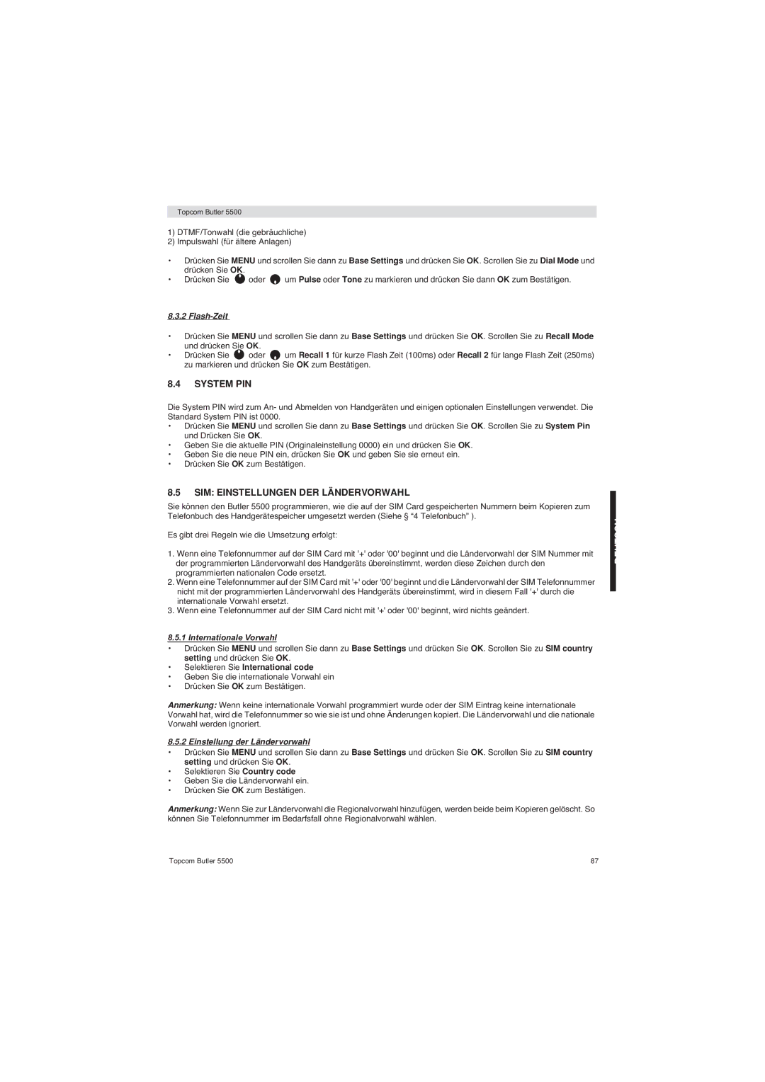 Topcom 5500 SIM Einstellungen DER Ländervorwahl, Flash-Zeit, Internationale Vorwahl, Selektieren Sie International code 